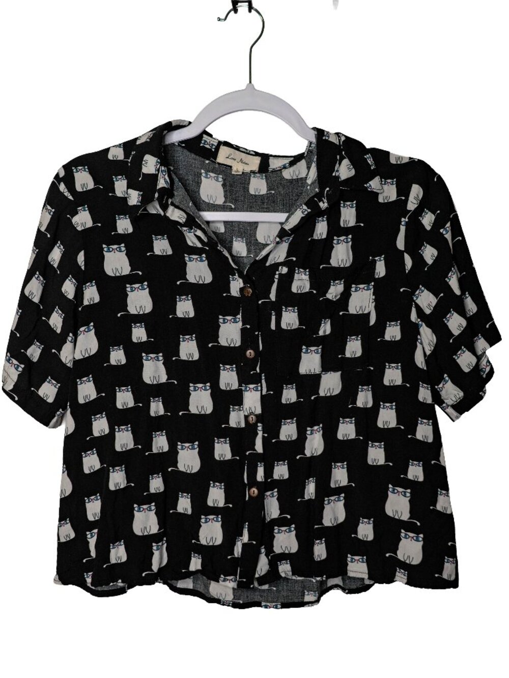 Love Notes Soft Button Up Kitty Cat Crop Top - Collar - Large